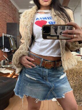 Y2K Distressed Denim Mini Skirt Low Rise Frayed Hem Indie Sleaze